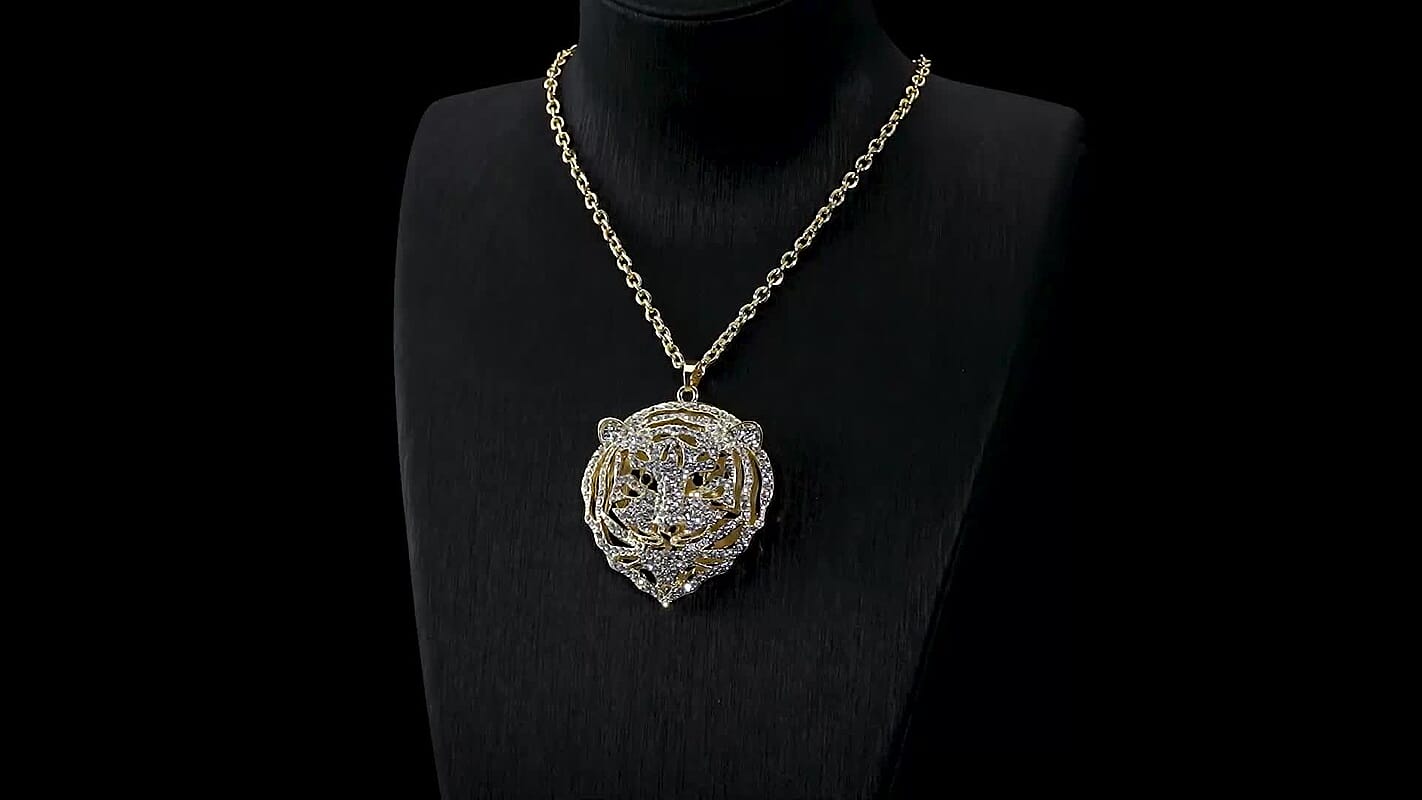 White and Black Austrian Crystal Earrings and Tiger Pendant Necklace (28-30 Inches) in Goldtone