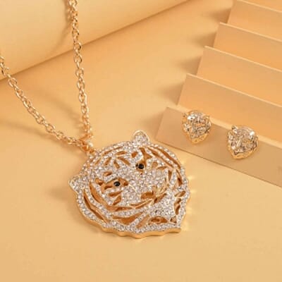 White and Black Austrian Crystal Earrings and Tiger Pendant Necklace (28-30 Inches) in Goldtone