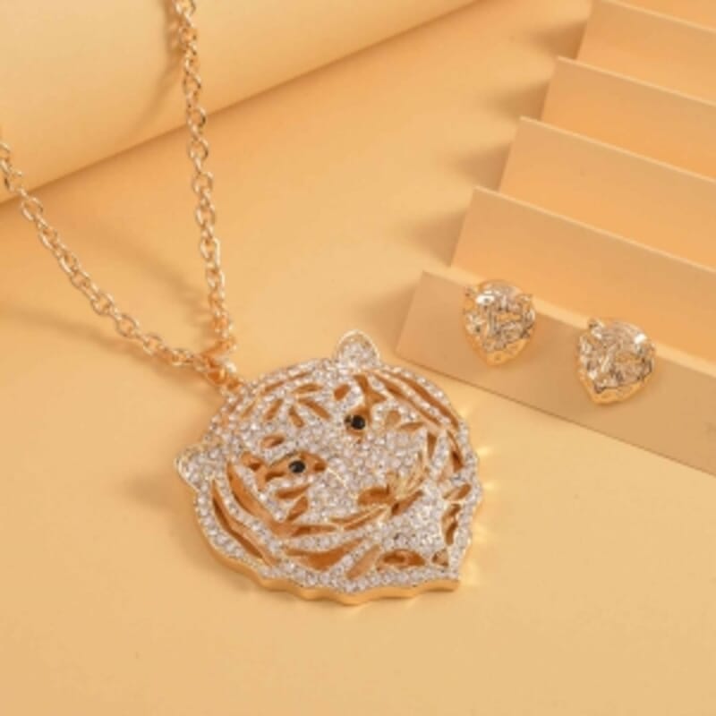 White and Black Austrian Crystal Earrings and Tiger Pendant Necklace (28-30 Inches) in Goldtone