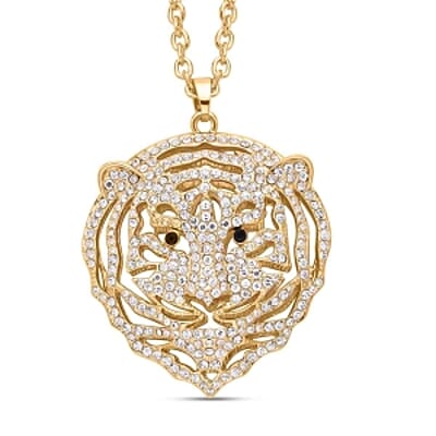 White and Black Austrian Crystal Earrings and Tiger Pendant Necklace (28-30 Inches) in Goldtone