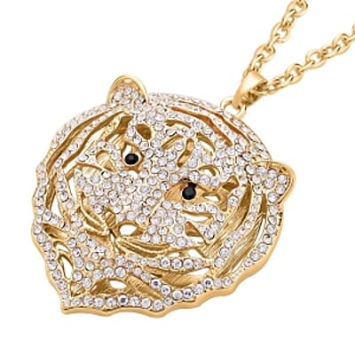 White and Black Austrian Crystal Earrings and Tiger Pendant Necklace (28-30 Inches) in Goldtone