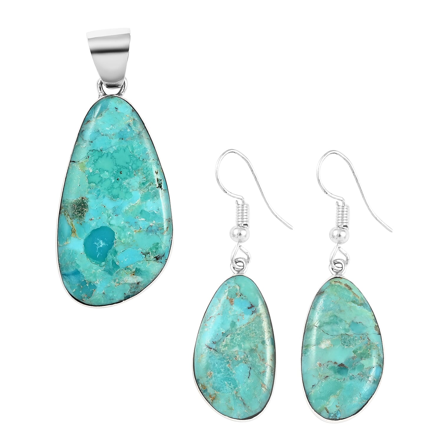 Santa Fe Style Kingman Turquoise Dangle Earrings and Free Shaped Pendant in Sterling Silver 10.70 Grams 27.50 ctw