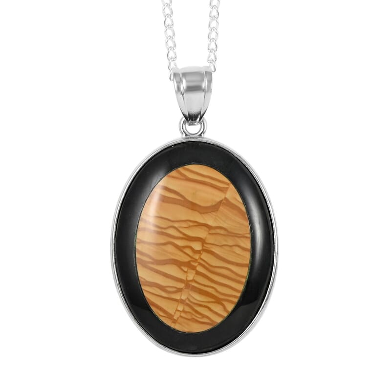 Black Jasper and Picture Jasper Pendant Necklace 18 Inches in Silvertone 65.00 ctw