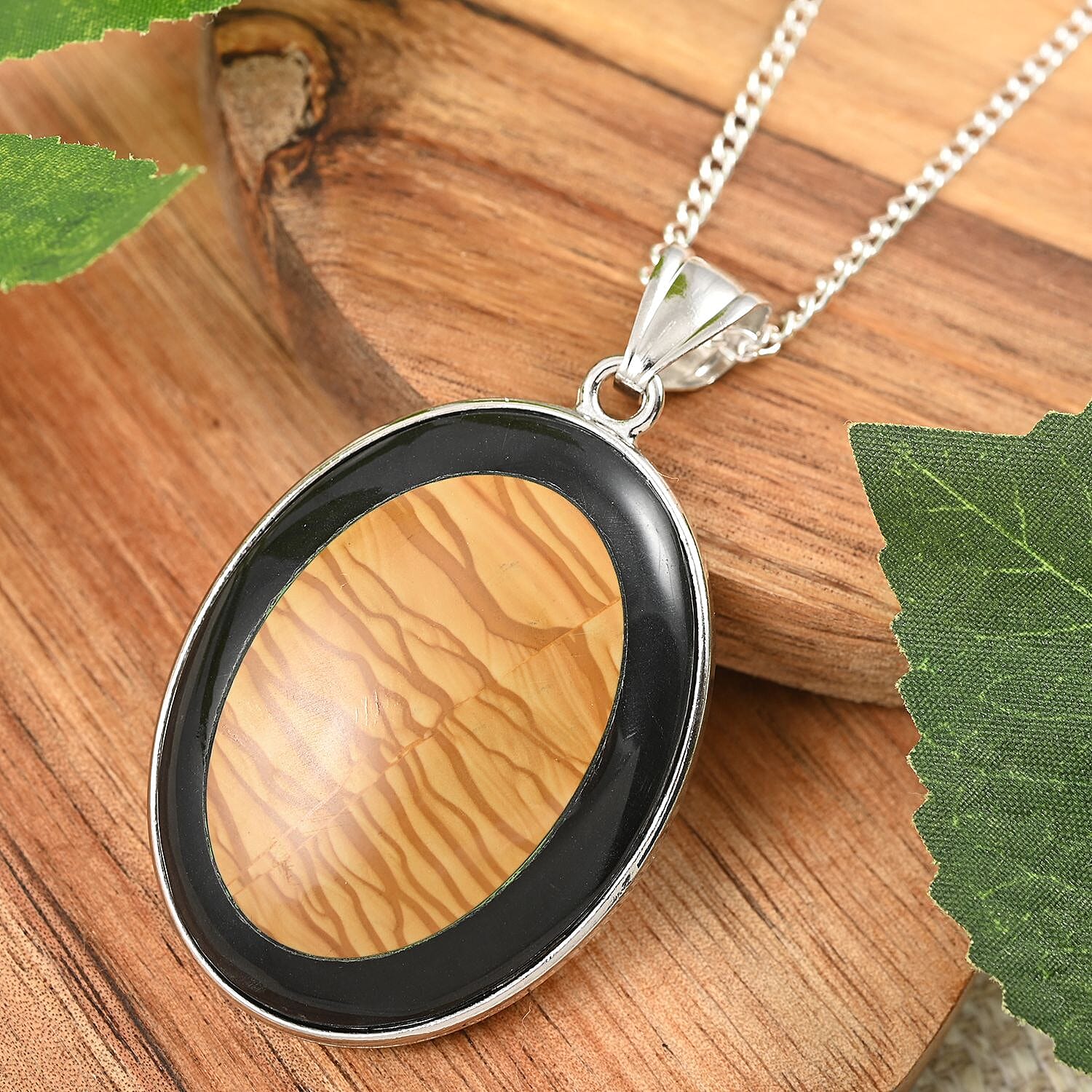 Black Jasper and Picture Jasper Pendant Necklace 18 Inches in Silvertone 65.00 ctw