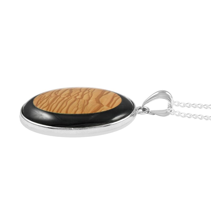 Black Jasper and Picture Jasper Pendant Necklace 18 Inches in Silvertone 65.00 ctw