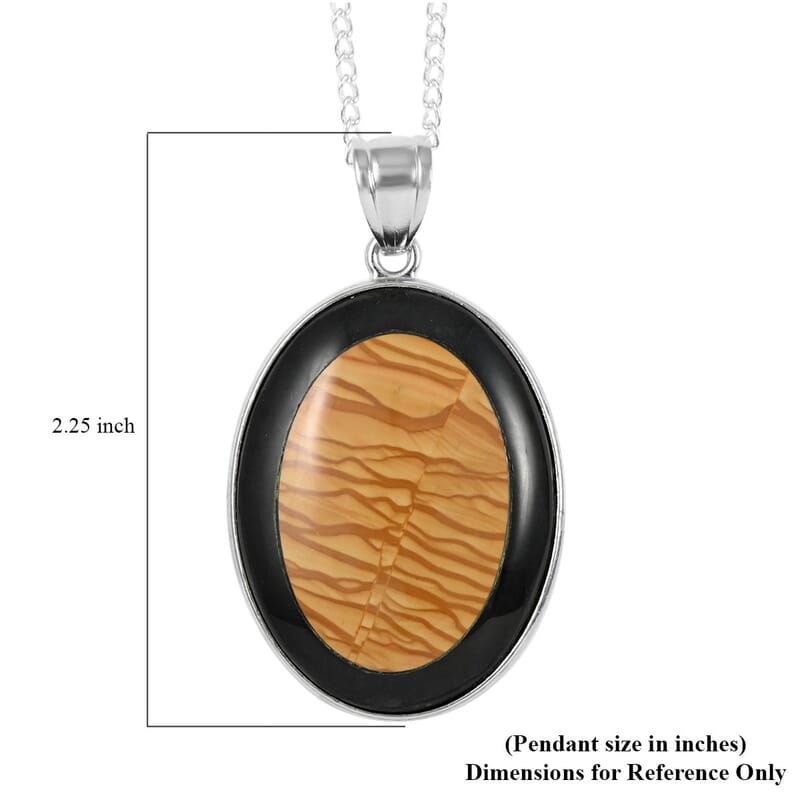 Black Jasper and Picture Jasper Pendant Necklace 18 Inches in Silvertone 65.00 ctw