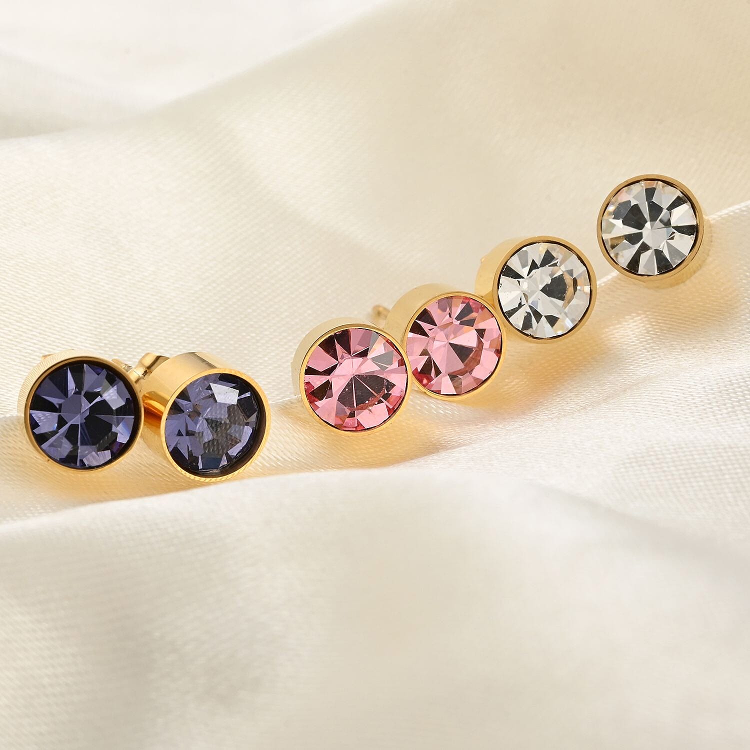 White, Purple and Pink Austrian Crystal Set of 3 Stud Earrings in ION Plated YG Stainless Steel
