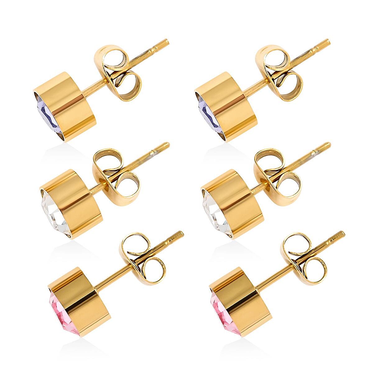 White, Purple and Pink Austrian Crystal Set of 3 Stud Earrings in ION Plated YG Stainless Steel