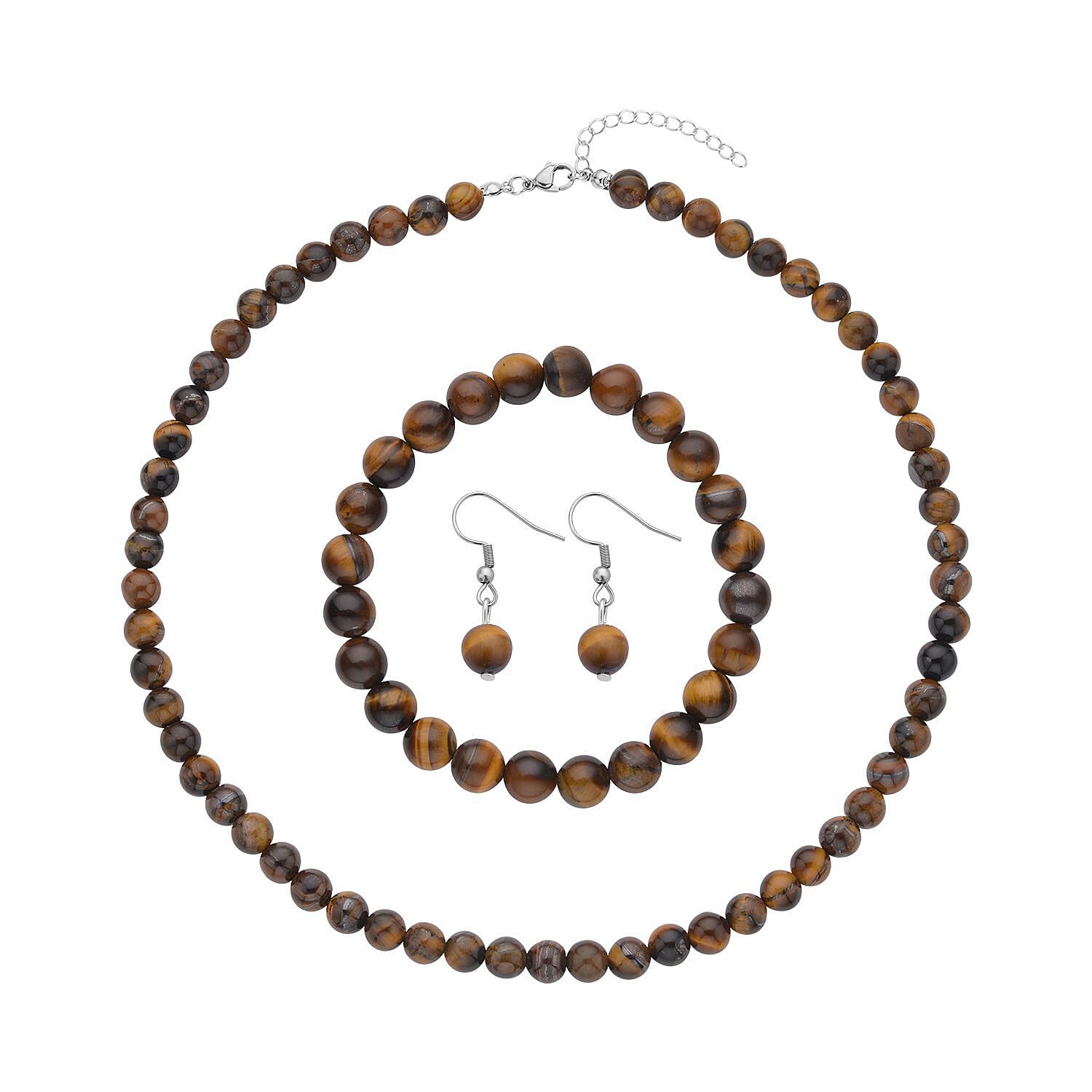 Yellow Tiger's Eye Beaded Stretch Bracelet, Dangle Earrings and Necklace (18-20 Inches) in Stainless Steel 319.50 ctw | Tarnish-Free, Waterproof, Sweat Proof Jewelry