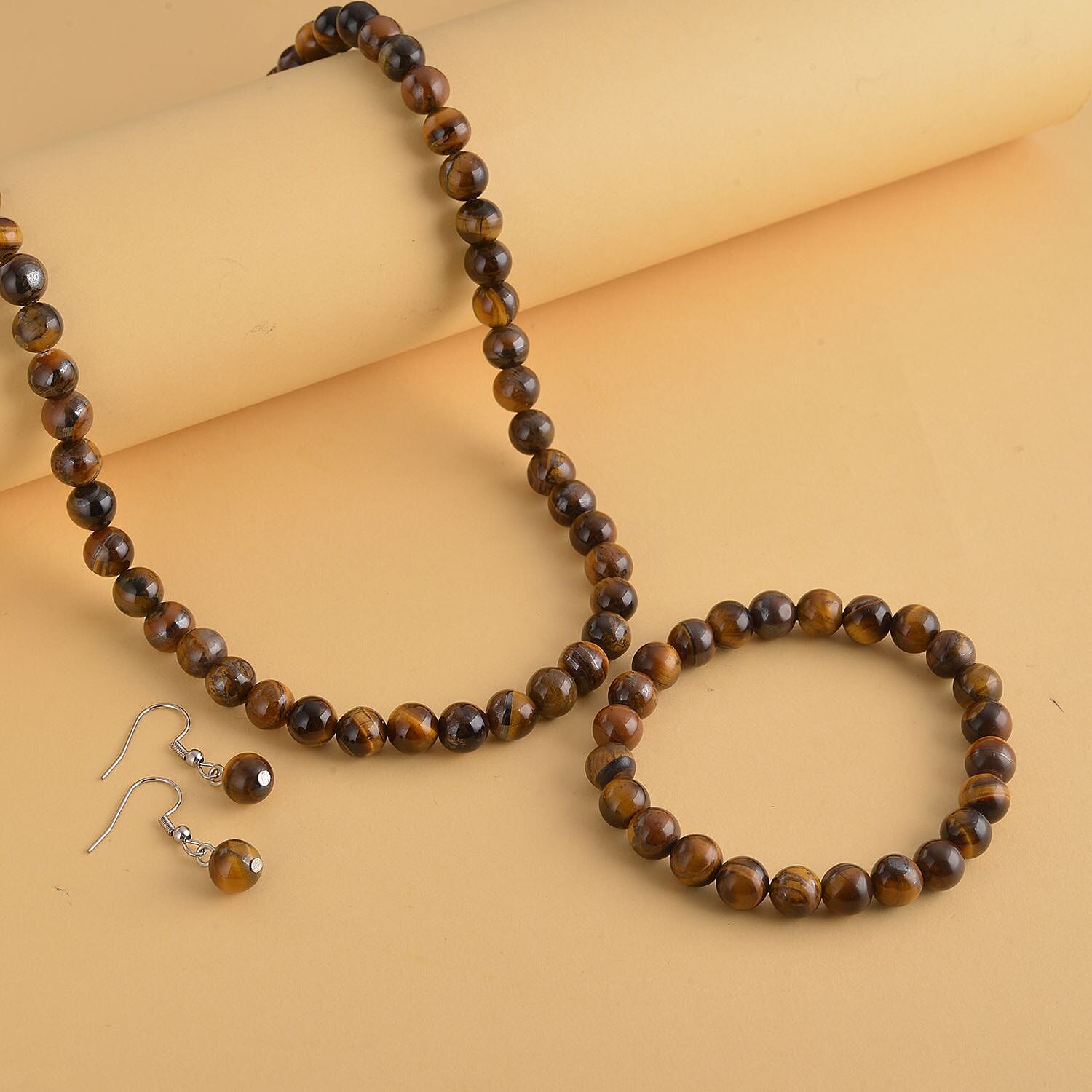 Yellow Tiger's Eye Beaded Stretch Bracelet, Dangle Earrings and Necklace (18-20 Inches) in Stainless Steel 319.50 ctw | Tarnish-Free, Waterproof, Sweat Proof Jewelry
