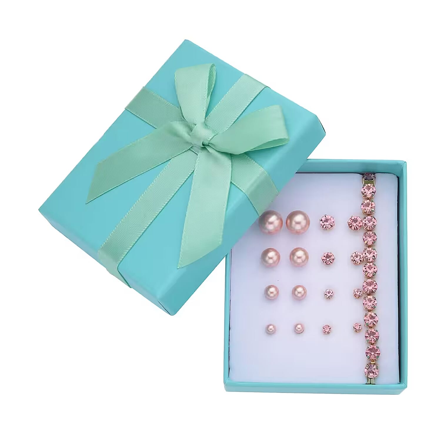 9pcs Jewelry Set - 4pcs Pink Shell Pearl Earrings, 4pcs Pink Crystal Earrings and 1pc Bracelet (7.5-9.5 Inches) in Goldtone & St