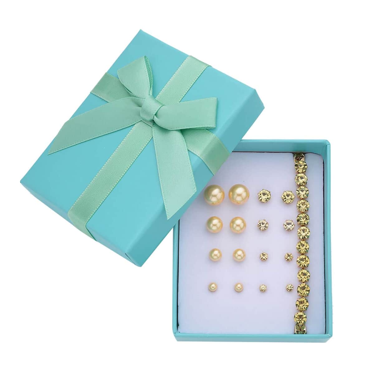 9 Piece Set - 4pcs Golden Shell Pearl Earrings, 4pcs Yellow Austrian Crystal Earrings and 1pc Bracelet (7.5-9.5In) in Goldtone & Stainless Steel , Tarnish-Free, Waterproof, Sweat Proof Jewelry image number 0