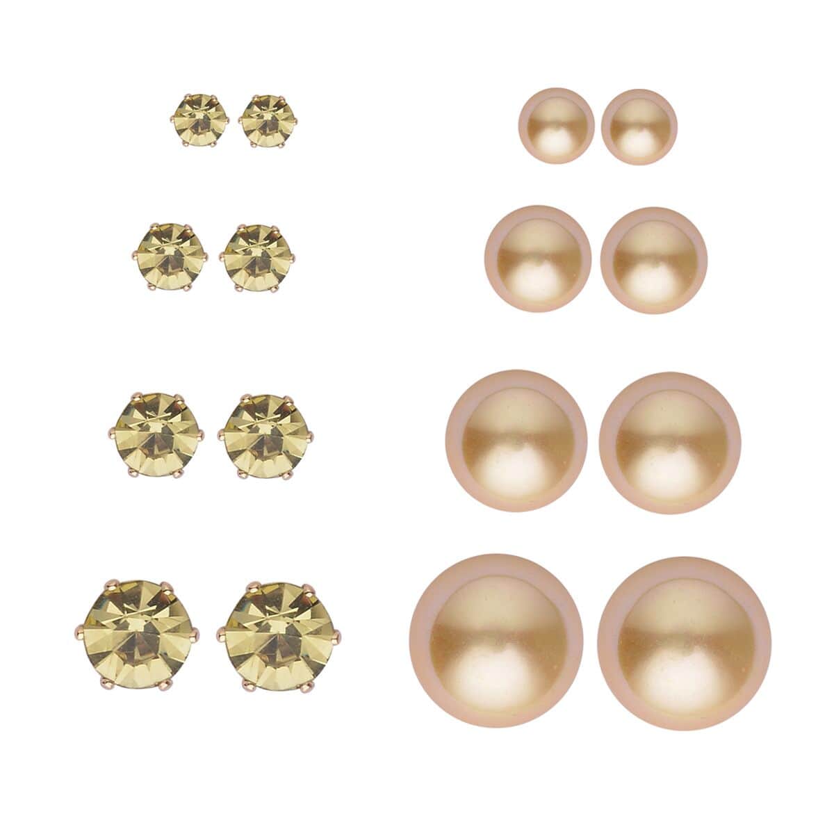 9 Piece Set - 4pcs Golden Shell Pearl Earrings, 4pcs Yellow Austrian Crystal Earrings and 1pc Bracelet (7.5-9.5In) in Goldtone & Stainless Steel , Tarnish-Free, Waterproof, Sweat Proof Jewelry image number 3