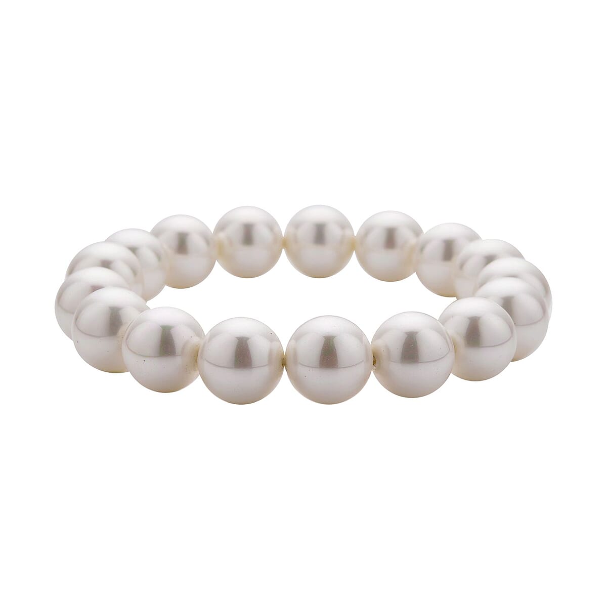 Doorbuster White Shell Pearl Stretch Bracelet and Stud Earrings in Stainless Steel image number 2