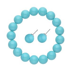 Turquoise Blue Shell Pearl 11-13mm Stretch Bracelet and Stud Earrings in Stainless Steel , Tarnish-Free, Waterproof, Sweat Proof Jewelry