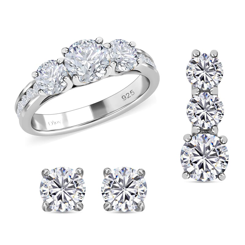 120 Facet Moissanite Trilogy Ring (SIZE 5.00) Stud Earrings and Pendant in Rhodium Over Sterling Silver 6.20 ctw