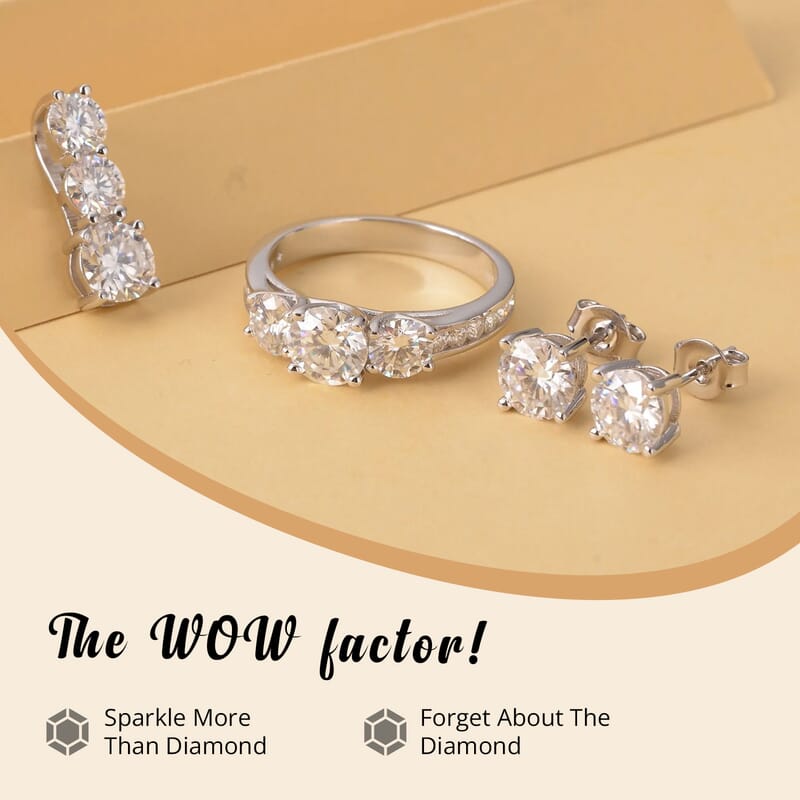 120 Facet Moissanite Trilogy Ring (SIZE 5.00) Stud Earrings and Pendant in Rhodium Over Sterling Silver 6.20 ctw