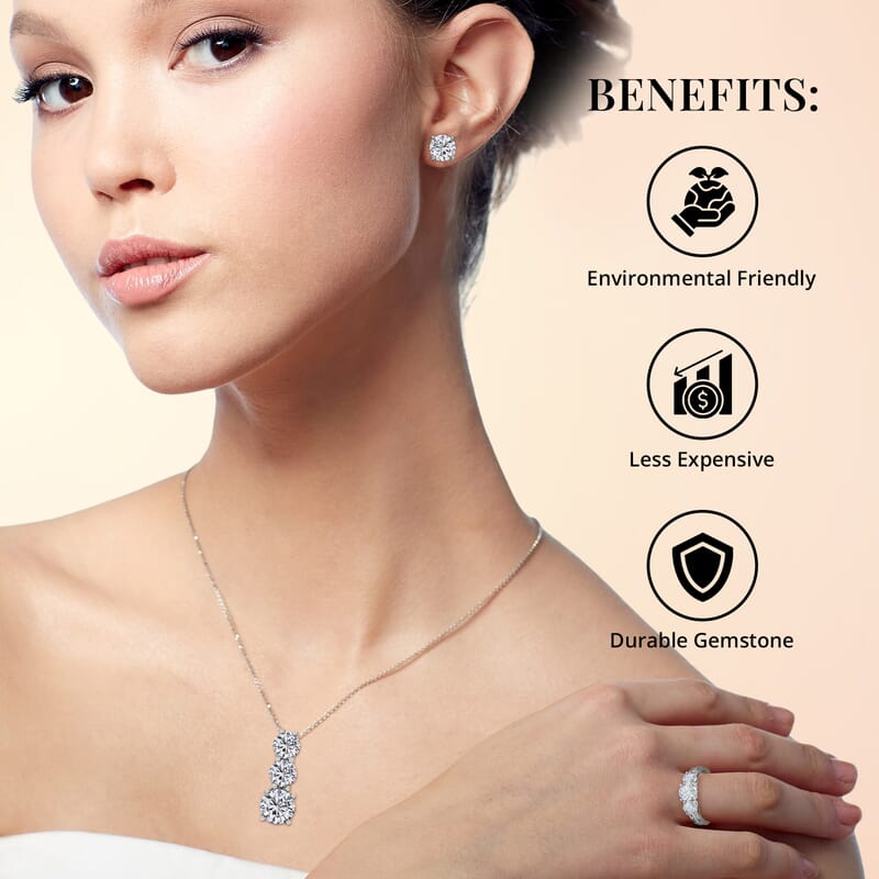 120 Facet Moissanite Trilogy Ring (SIZE 5.00) Stud Earrings and Pendant in Rhodium Over Sterling Silver 6.20 ctw