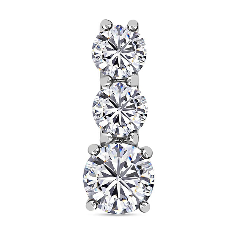 120 Facet Moissanite Trilogy Ring (SIZE 5.00) Stud Earrings and Pendant in Rhodium Over Sterling Silver 6.20 ctw