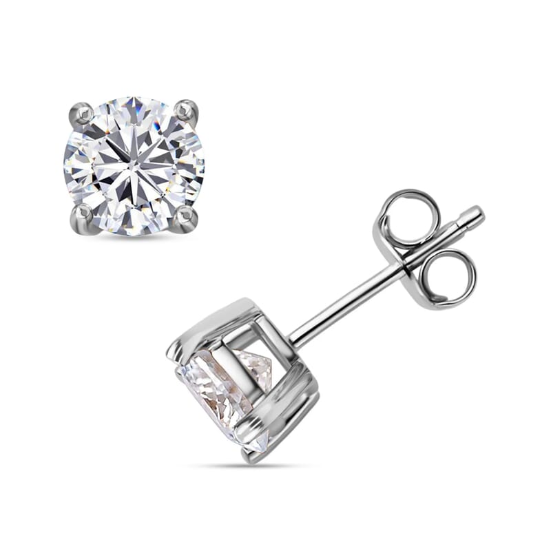120 Facet Moissanite Trilogy Ring (SIZE 5.00) Stud Earrings and Pendant in Rhodium Over Sterling Silver 6.20 ctw