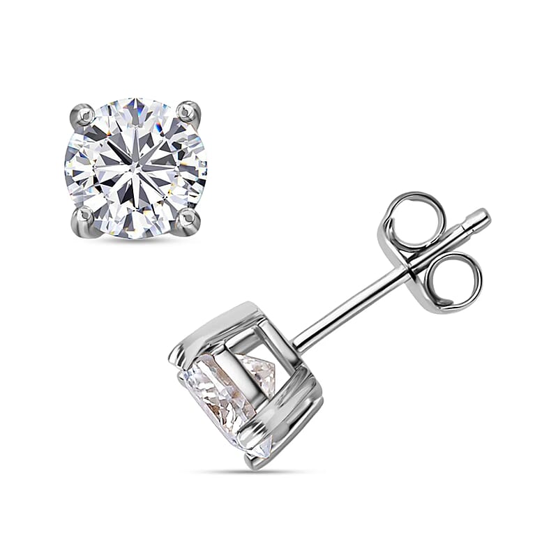 120 Facet Moissanite Trilogy Ring (SIZE 5.00) Stud Earrings and Pendant in Rhodium Over Sterling Silver 6.20 ctw