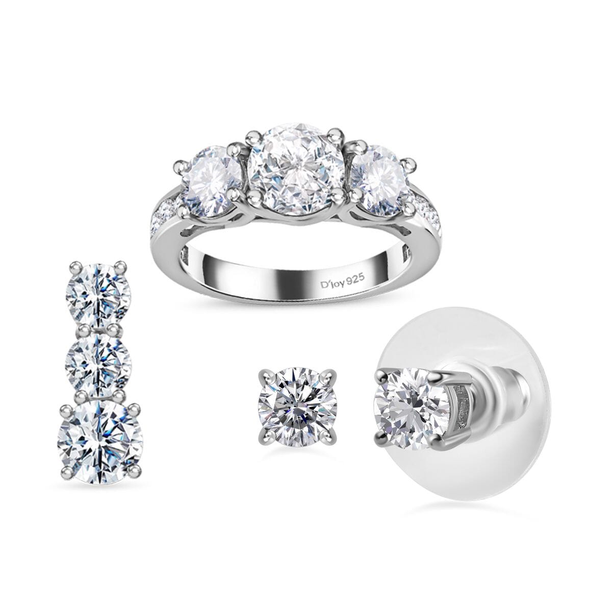 120 Facet Moissanite (Rnd 6.5mm) Trilogy Ring (Size 10.0), Pendant and Stud Earrings Jewelry Set For Women in Rhodium Over Sterling Silver 6.20 ctw image number 0