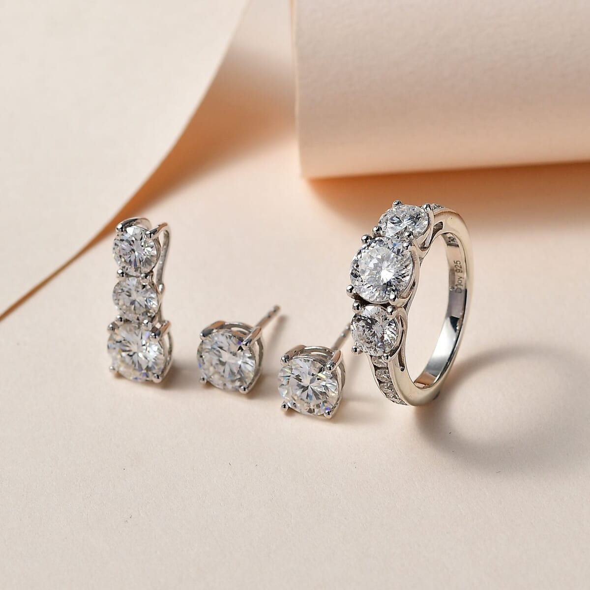 120 Facet Moissanite (Rnd 6.5mm) Trilogy Ring (Size 10.0), Pendant and Stud Earrings Jewelry Set For Women in Rhodium Over Sterling Silver 6.20 ctw image number 1