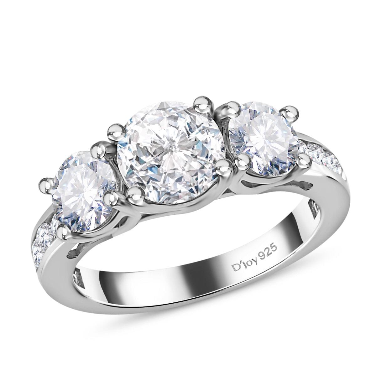 120 Facet Moissanite (Rnd 6.5mm) Trilogy Ring (Size 10.0), Pendant and Stud Earrings Jewelry Set For Women in Rhodium Over Sterling Silver 6.20 ctw image number 3