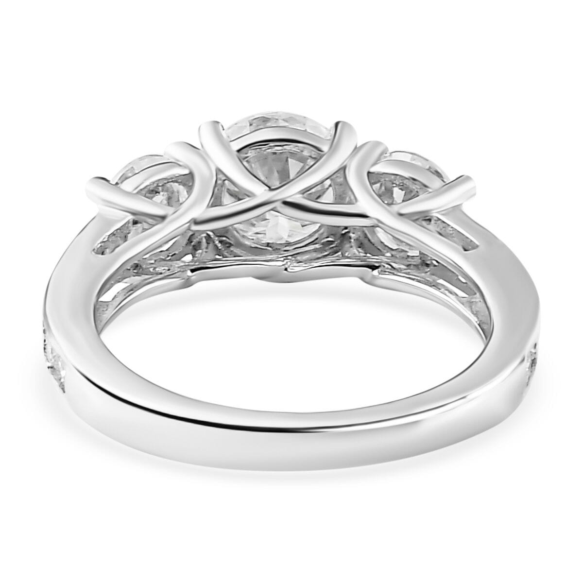 120 Facet Moissanite (Rnd 6.5mm) Trilogy Ring (Size 10.0), Pendant and Stud Earrings Jewelry Set For Women in Rhodium Over Sterling Silver 6.20 ctw image number 5