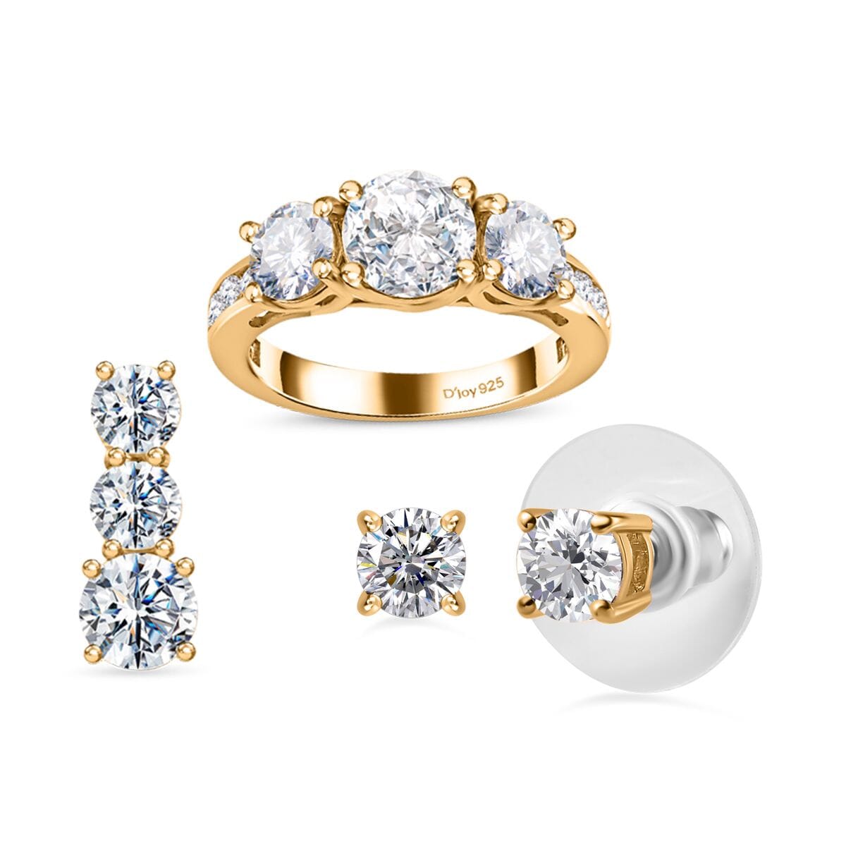 120 Facet Moissanite Trilogy Ring (SIZE 6.00) Stud Earrings and Pendant in Vermeil Yellow Gold Over Sterling Silver 6.20 ctw image number 0