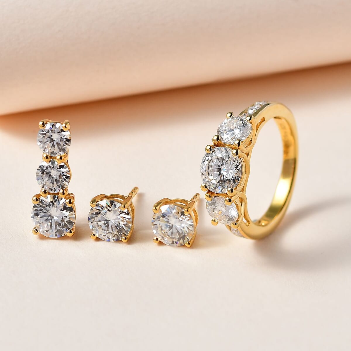 120 Facet Moissanite Trilogy Ring (SIZE 6.00) Stud Earrings and Pendant in Vermeil Yellow Gold Over Sterling Silver 6.20 ctw image number 1