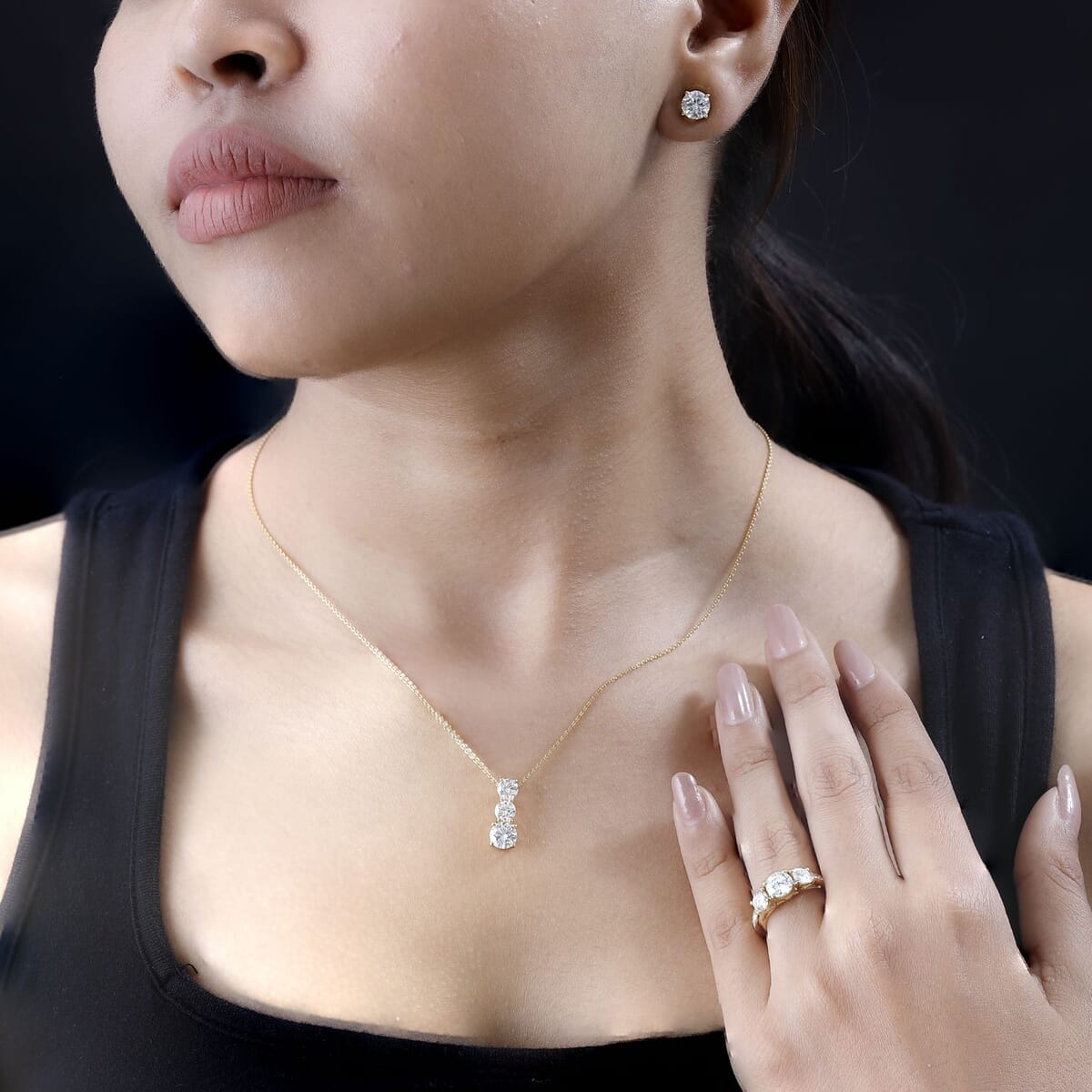 120 Facet Moissanite Trilogy Ring (SIZE 6.00) Stud Earrings and Pendant in Vermeil Yellow Gold Over Sterling Silver 6.20 ctw image number 2