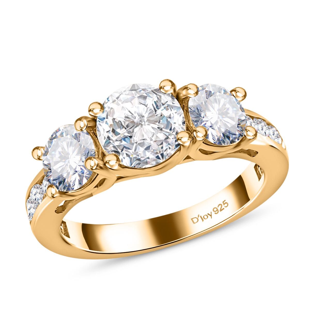 120 Facet Moissanite Trilogy Ring (SIZE 6.00) Stud Earrings and Pendant in Vermeil Yellow Gold Over Sterling Silver 6.20 ctw image number 3