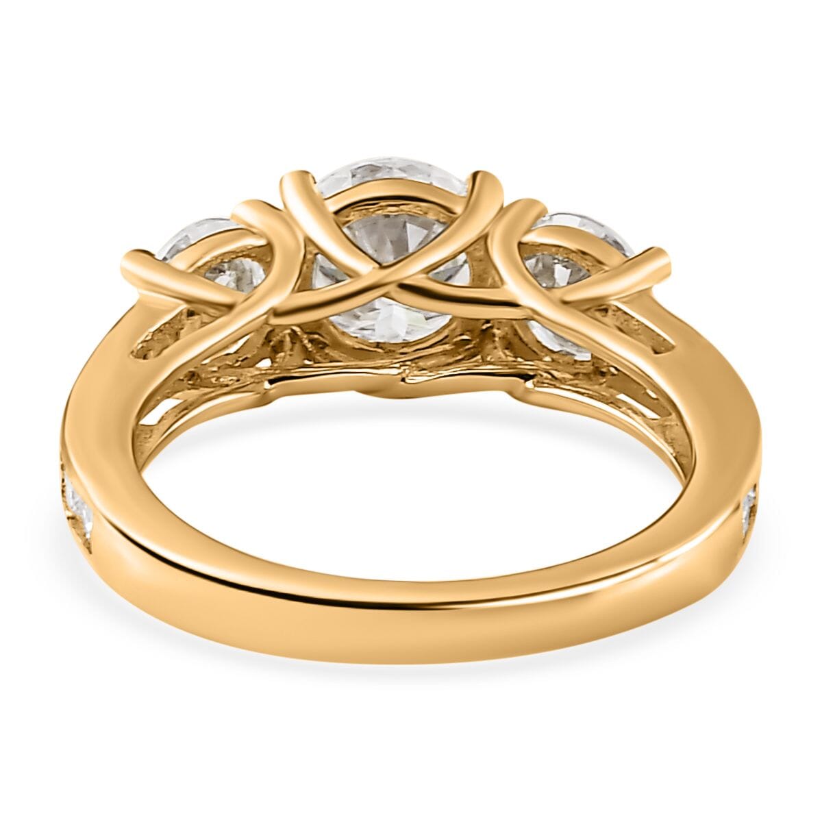 120 Facet Moissanite Trilogy Ring (SIZE 6.00) Stud Earrings and Pendant in Vermeil Yellow Gold Over Sterling Silver 6.20 ctw image number 5