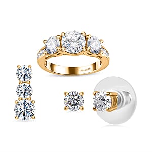 120 Facet Moissanite (Rnd 6.5mm) Trilogy Ring (SIZE 9.00), Pendant without Chain and Stud Earrings Jewelry Set For Women in Vermeil YG Over Sterling Silver 6.20 ctw