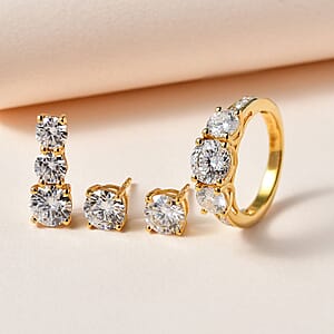 120 Facet Moissanite (Rnd 6.5mm) Trilogy Ring (SIZE 9.00), Pendant without Chain and Stud Earrings Jewelry Set For Women in Vermeil YG Over Sterling Silver 6.20 ctw