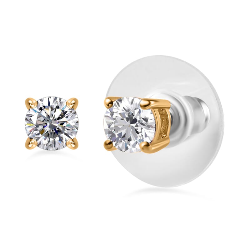 120 Facet Moissanite (Rnd 6.5mm) Trilogy Ring (SIZE 9.00), Pendant without Chain and Stud Earrings Jewelry Set For Women in Vermeil YG Over Sterling Silver 6.20 ctw