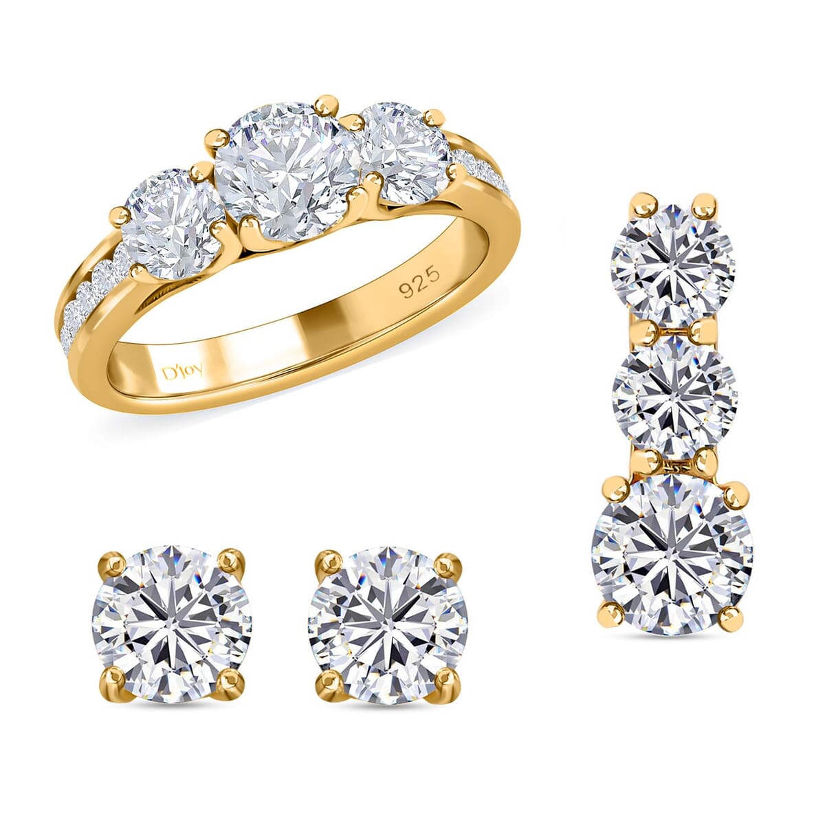 120 Facet Moissanite (Rnd 6.5mm) Trilogy Ring (SIZE 10.00), Pendant and Stud Earrings Jewelry Set For Women in Vermeil YG Over Sterling Silver 6.20 ctw image number 0