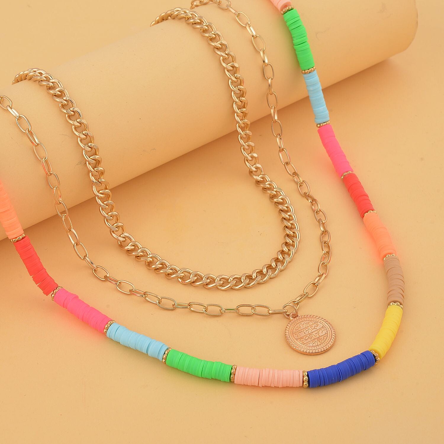 Set of 3 Simulated Multi Color Resin Beaded Necklace 20, 22, 25Inches in Goldtone