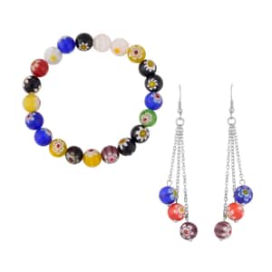 Multi Color Murano Style Beaded Stretch Bracelet and Earrings in Stainless Steel , Tarnish-Free, Waterproof, Sweat Proof Jewelry