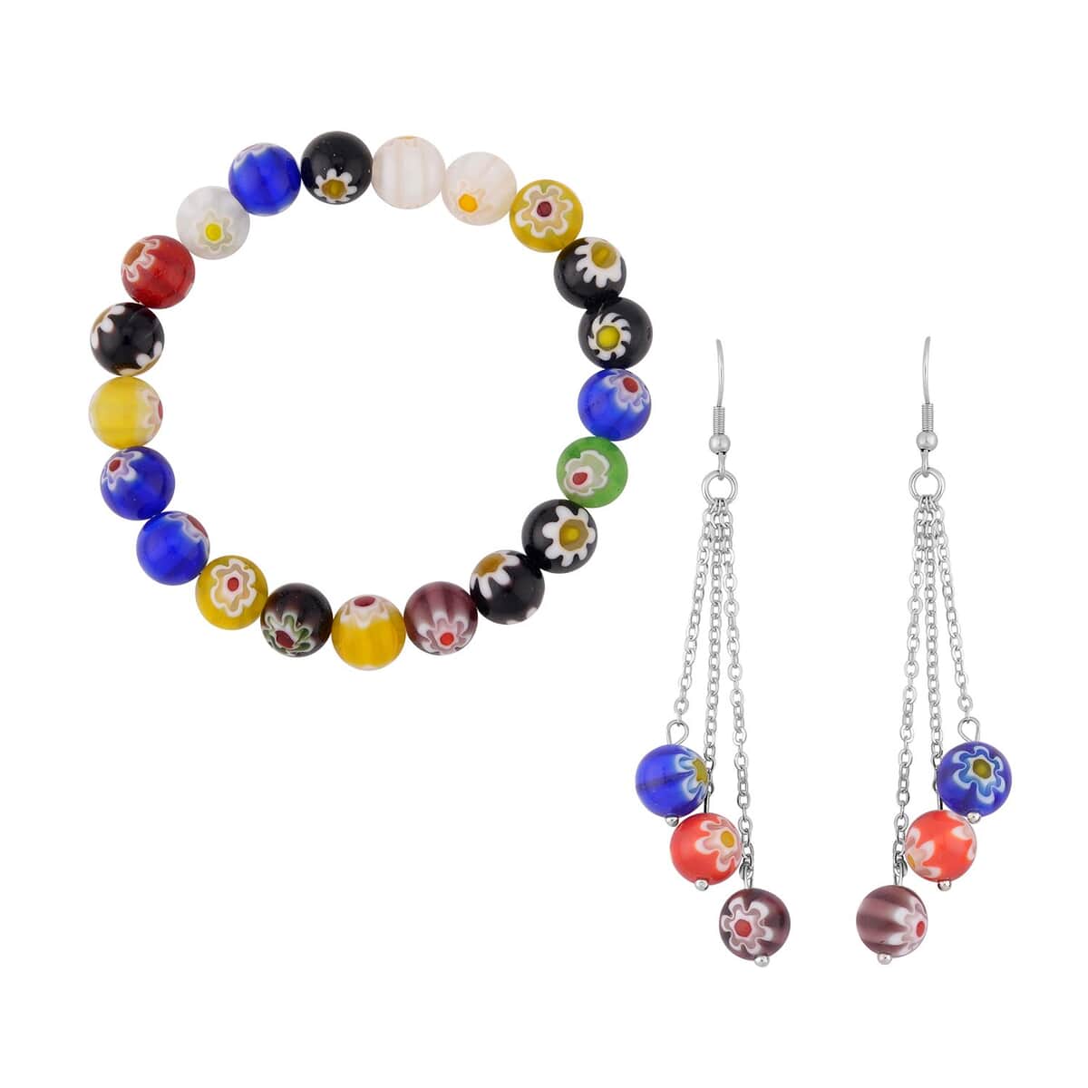 Multi Color Murano Style Beaded Stretch Bracelet and Earrings in Stainless Steel , Tarnish-Free, Waterproof, Sweat Proof Jewelry image number 0