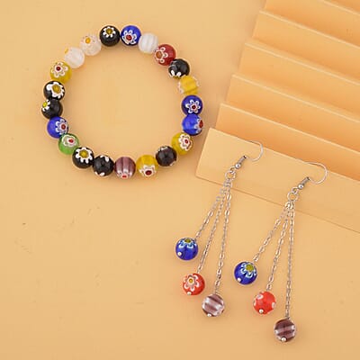 Multi Color Murano Style Beaded Stretch Bracelet and Earrings in Stainless Steel , Tarnish-Free, Waterproof, Sweat Proof Jewelry