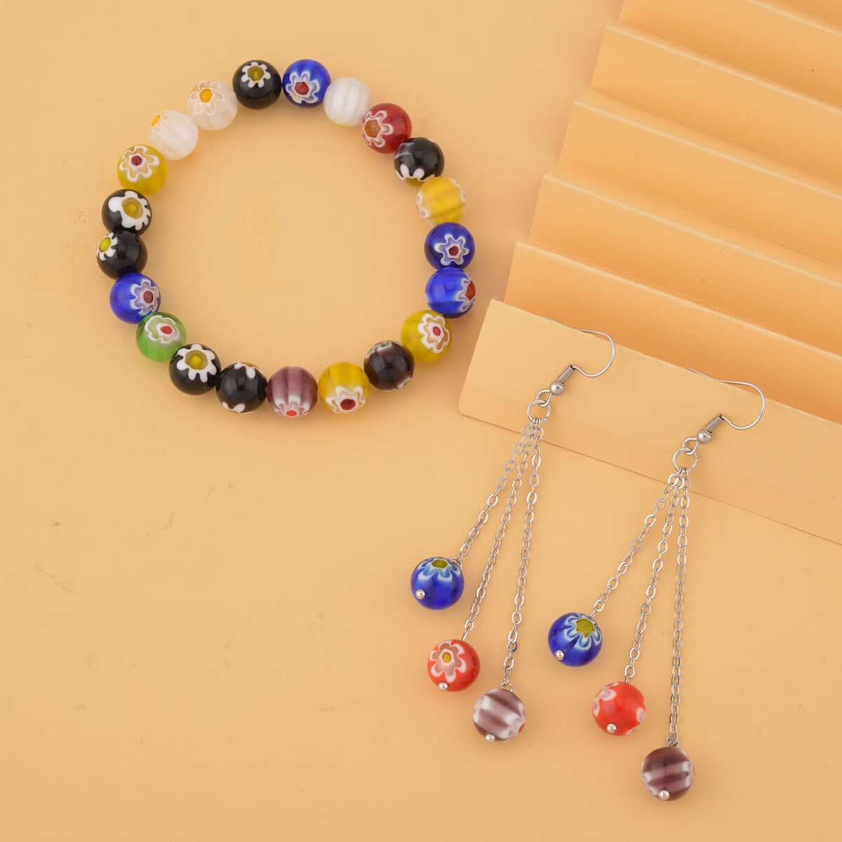 Multi Color Murano Style Beaded Stretch Bracelet and Earrings in Stainless Steel , Tarnish-Free, Waterproof, Sweat Proof Jewelry image number 1