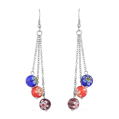 Multi Color Murano Style Beaded Stretch Bracelet and Earrings in Stainless Steel , Tarnish-Free, Waterproof, Sweat Proof Jewelry