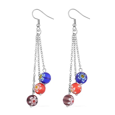 Multi Color Murano Style Beaded Stretch Bracelet and Earrings in Stainless Steel , Tarnish-Free, Waterproof, Sweat Proof Jewelry