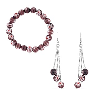 Purple Color Murano Style Beaded Stretch Bracelet and Earrings in Stainless Steel , Tarnish-Free, Waterproof, Sweat Proof Jewelry