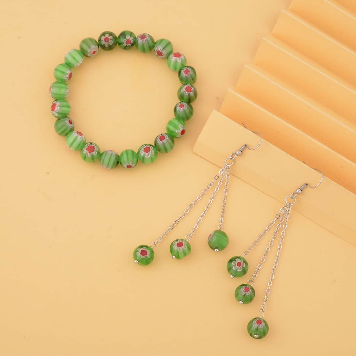 Green Color Murano Style Beaded Stretch Bracelet and Earrings in Stainless Steel , Tarnish-Free, Waterproof, Sweat Proof Jewelry image number 1