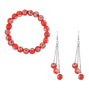 Red Color Murano Style Beaded Stretch Bracelet and Earrings in Stainless Steel | Tarnish-Free, Waterproof, Sweat Proof Jewelry