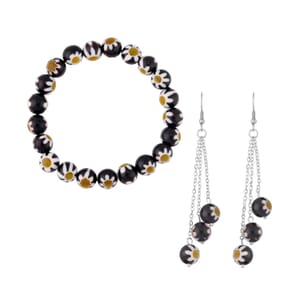 Black Color Murano Style Beaded Stretch Bracelet and Earrings in Stainless Steel | Tarnish-Free, Waterproof, Sweat Proof Jewelry