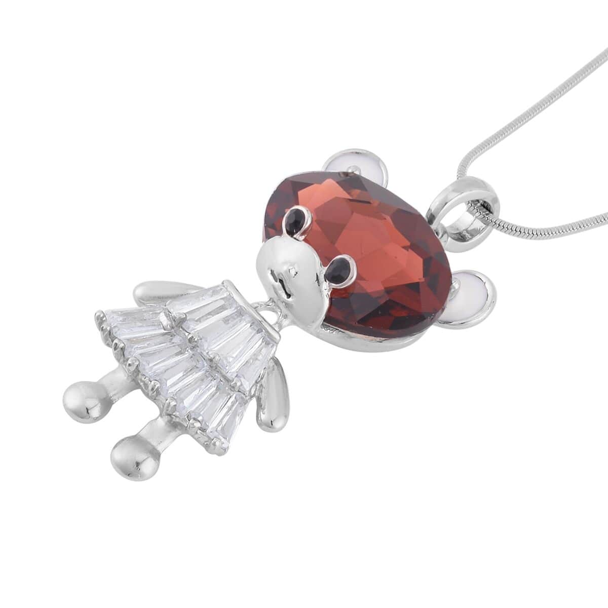 Burgundy Glass and Multi Gemstone Doll Charm Pendant Necklace 20-30 Inches in Silvertone 7.00 ctw image number 2